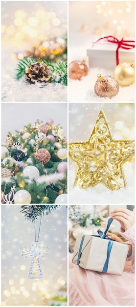 Collage met prachtige kerstfoto's. Selectieve aandacht.