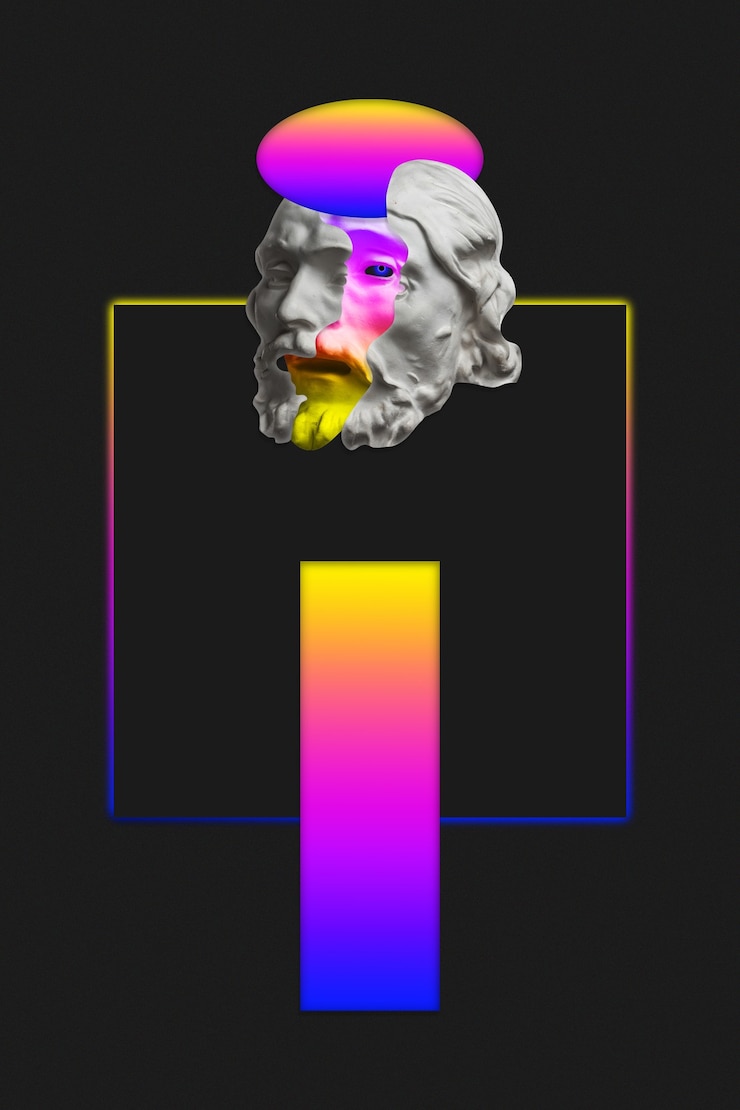 Foto collage met sculptuur van menselijk gezicht in een pop-art stijl. modern creatief conceptenbeeld met oud standbeeldhoofd. zine-cultuur. hedendaagse kunstposter. funky punk minimalisme. crypto-kunstontwerp.