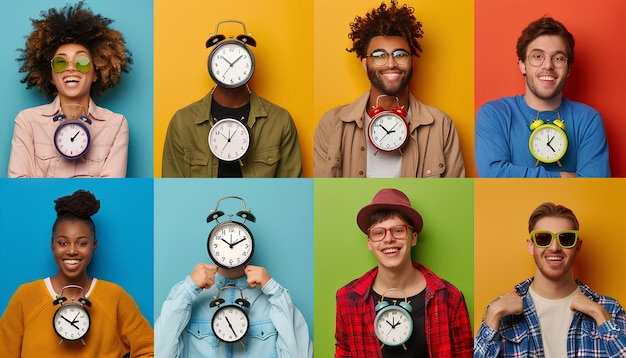 Foto collage met verschillende mensen en grote wekker op kleur achtergrond