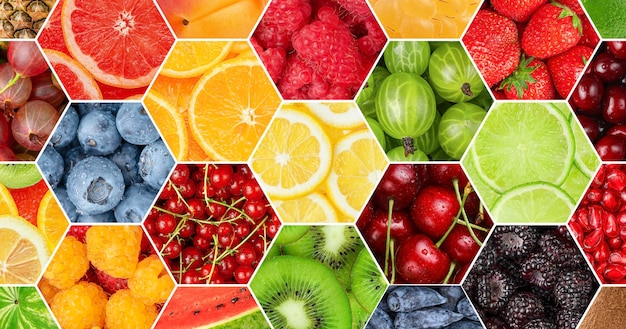 Collage of mixed berries and fruits in hexagon structure