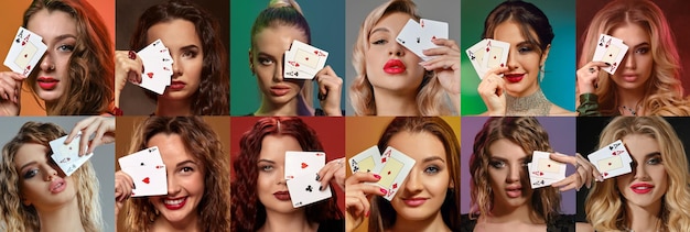 Collage of models with stylish hairstyles in jewelry they covered one eye by playing cards posing on...