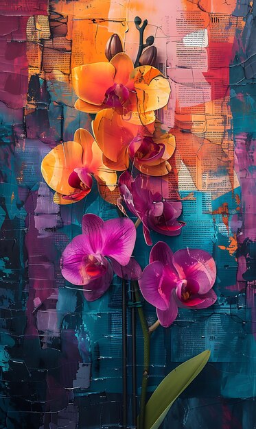 Photo collage of mokara orchid flowers with a colorful palette of purple oran digital art concept poster