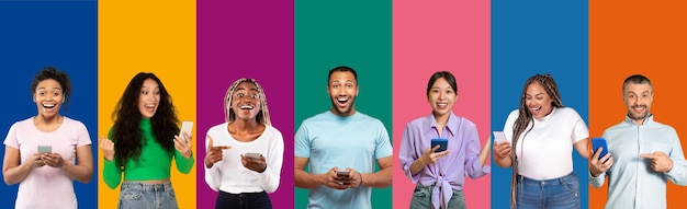 Photo collage of multiethnic diverse excited people using smartphones on background