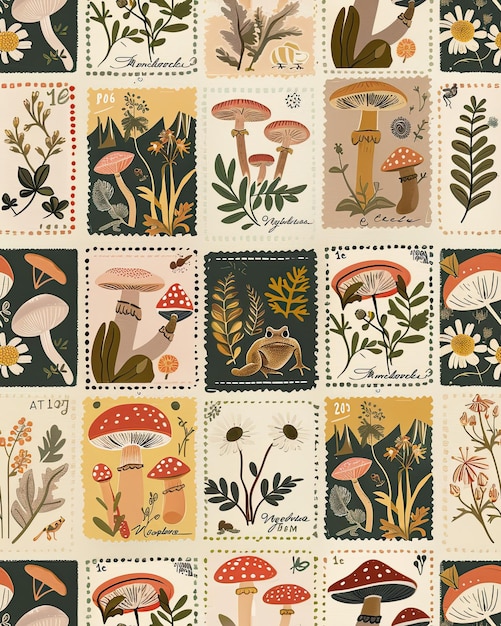 a collage of mushrooms with a stamp that says mushrooms