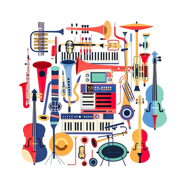 Photo a collage of musical instruments and a picture of a piano and musical instruments