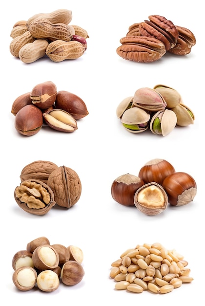 A collage of nuts on a white background