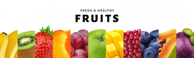 Фото Коллаж из фруктов на белом фоне с копией пространства, свежие и здоровые фрукты и ягоды крупным планом