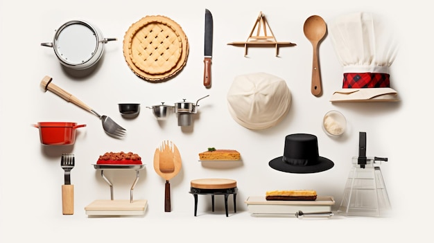 Фото Коллаж кухонной посуды с продуктами для шляп поваров
