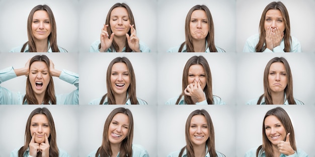 Фото Коллаж лица красивой женщины, показывающей несколько различных эмоций или выражений лица и жестов