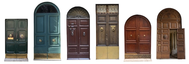Collage of old wooden doors isolated on white background