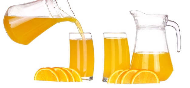 Collage orange juice pouring into glass