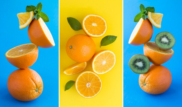 Collage Oranges and kiwi stacked pyramid on the blue and yellow background Closeup