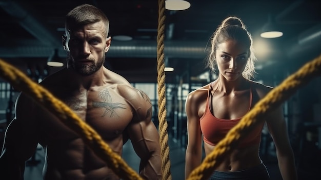 Collage over man en vrouw met gevechtstouwen oefenen in de fitnessruimte