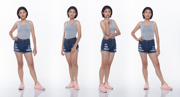 사진 아시아 10대 여성의 콜라주 팩 그룹은 전체 길이의 스냅 바디로 포즈를 취하는 많은 연기를 표현합니다. 스튜디오 조명 흰색 배경 절연입니다.