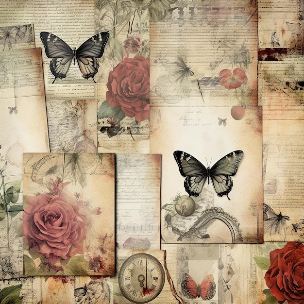 A collage of papers with a clock and butterflies on it.