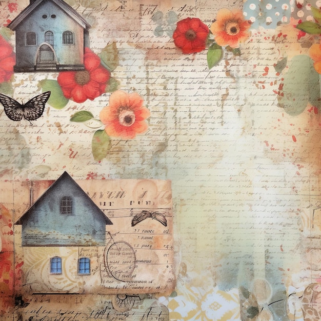 A collage of papers with a house and a butterfly on the top.