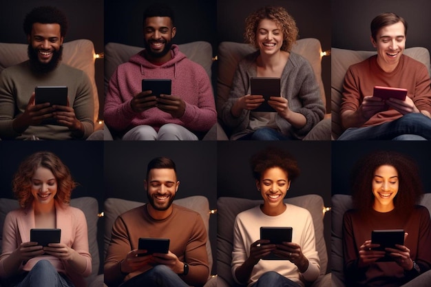 a collage of people sitting on a couch with one holding a digital tablet