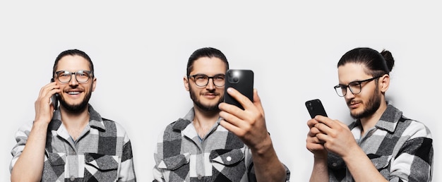 Collage of people Studio portrait of young happy guy using smartphone on white background Making photo talking on phone and texting some message Panoramic banner view