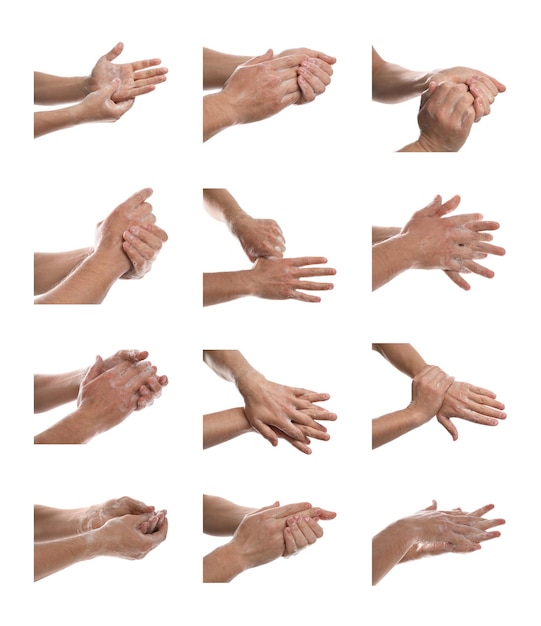 Photo collage of people washing hands with soap on white background closeup