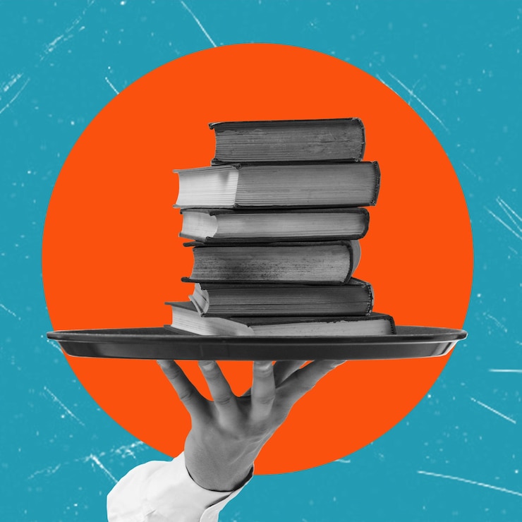 Photo collage photo concept hand holding a stack of books from library store