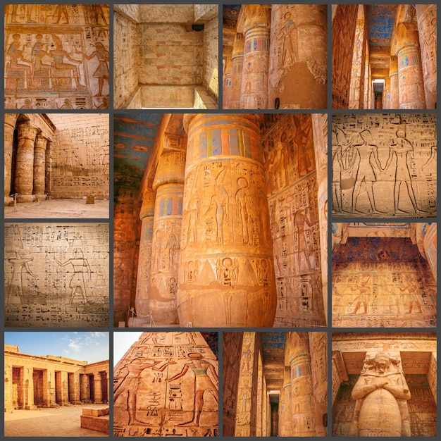 写真のコラージュ美しい古代のメディナハブ神殿。エジプト、ルクソール。