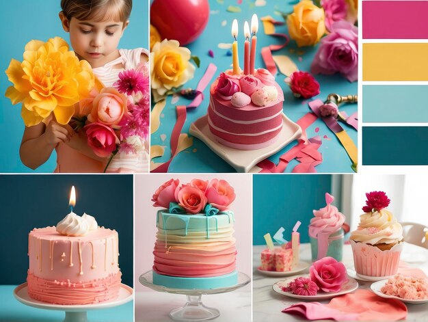 誕生日のケーキと花を持つ子供の写真のコラージュ