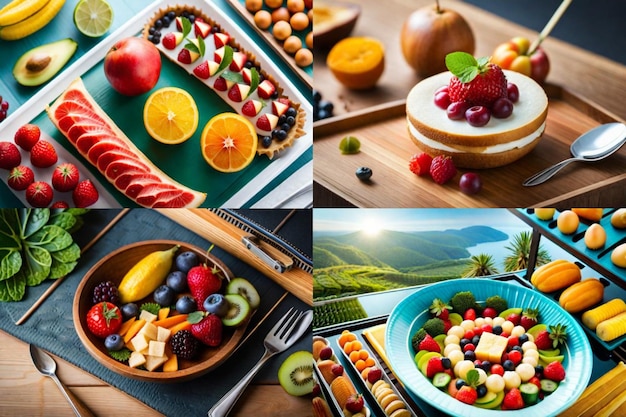 a collage of photos of a fruit salad with fruits and vegetables