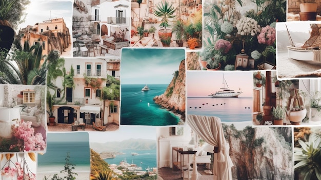 A collage of photos including a beach and a boat.