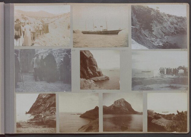 a collage of photos including a boat and a mountain