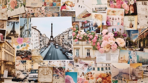 A collage of photos including eiffel tower and postcards.
