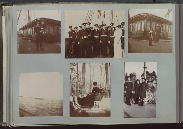 Photo a collage of photos including a man in a boat with a man in a suit on the back