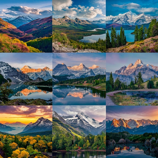 a collage of photos including a mountain and lake