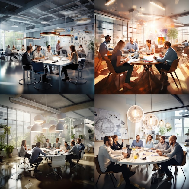 a collage of photos of people in a meeting room.