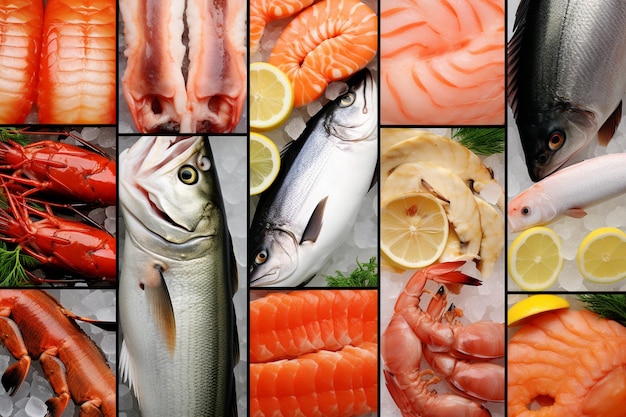 Коллаж фотографий морепродуктов Свежая рыба и морепродукты