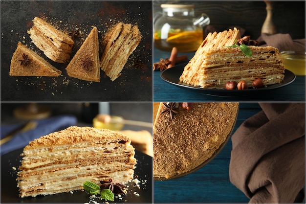 Collage of photos of tasty honey cake