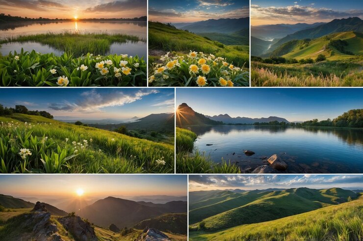 Photo 一幅山和湖的照片拼贴