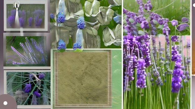 Foto un collage di foto con fiori viola e un'immagine di un uomo in abito