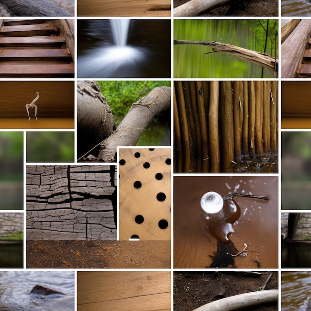 A collage of photos with a waterfall and a wooden fence