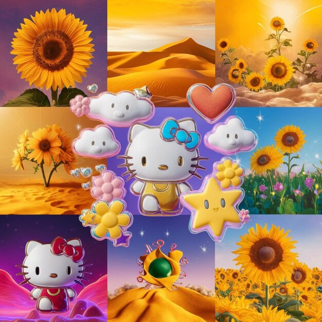 a collage of pictures of a cat and flowers with a cat on the bottom