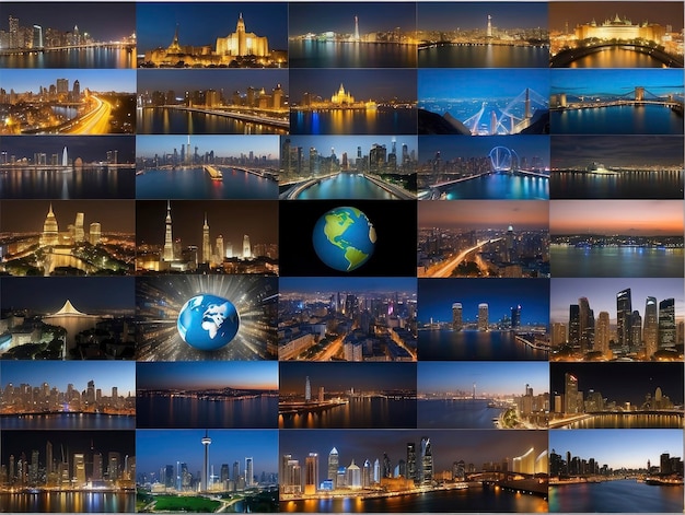 a collage of pictures of a city at night with a globe