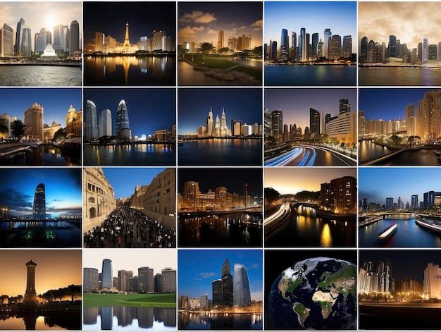 a collage of pictures of a city at night with a globe