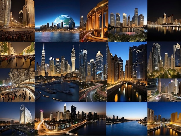 a collage of pictures of a city at night with a moon