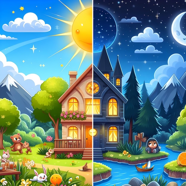 a collage of pictures of a house and the sun Night and day