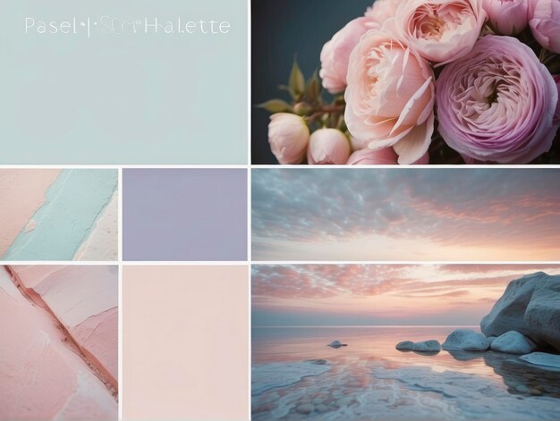 a collage of pink and blue images with flowers and rocks in the foreground