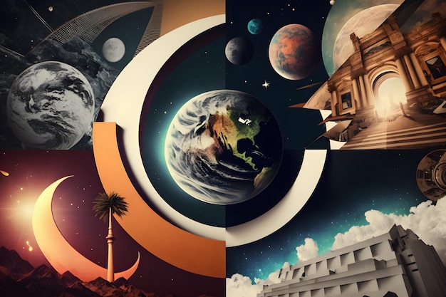 A collage of planets and a moon