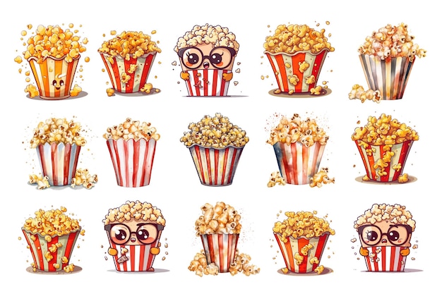 A collage of popcorn with glasses and a cartoon character