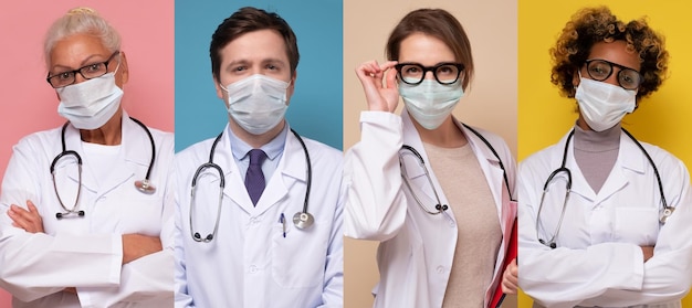 Collage portrait of several female and male doctors in medical mask looking at camera