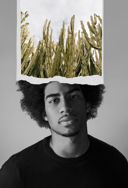 Photo collage portrait with man and plants