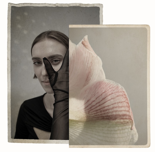 Photo collage portrait with woman and flower