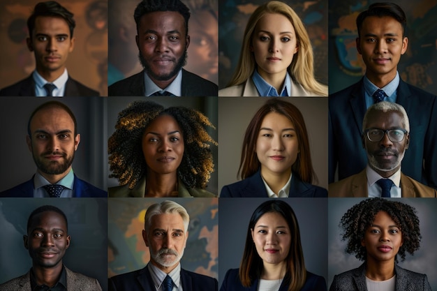 Collage of portraits of an ethnically diverse and mixed age group of focused business professionals